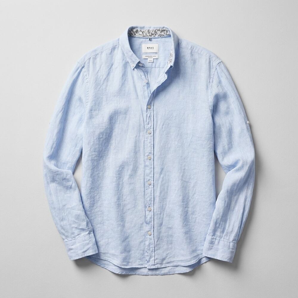 Brax Airwashed Linen Button Down Shirt Light Blue Long Sleeve Casual Mens Large